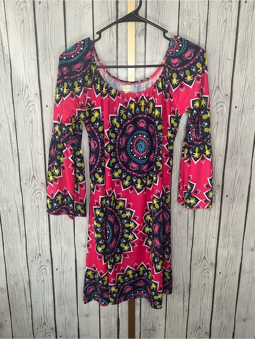 Simply Southern Pink Pineapple Crab Mandala Bell Sleeve Dress Tunic S Small